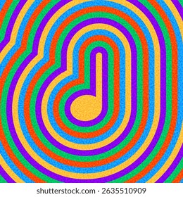 Bright music note icon with colorful concentric ripple pattern. Vector illustration.