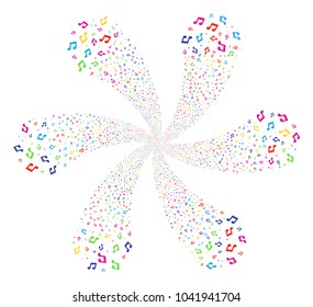 Bright Music Notes rotation burst. Impressive whirlpool organized from random music notes items. Vector illustration style is flat iconic symbols.