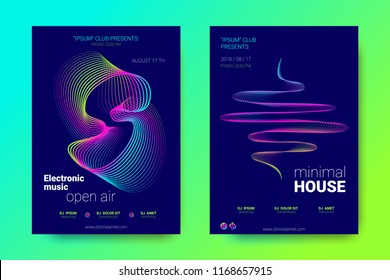 Bright Music Posters with Dj Sound Advertising. Flyer with Distorted Wave Lines. Electronic Music Event with Dj in Open Air Fest. Abstract Illustration. Vector Gradient Covers for Electronic Dj Party.