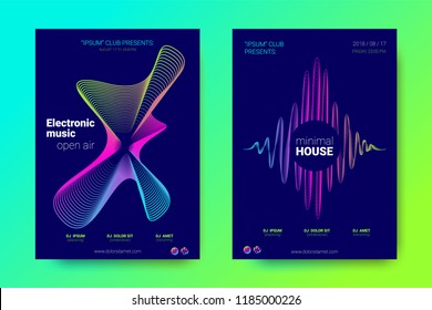 Bright Music Posters with Dj Sound Advertising. Flyer with Distorted Wave Lines. Electronic Music Event with Dj in Open Air Fest. Abstract Illustration. Vector Gradient Covers for Electronic Dj Party.