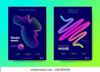 Bright Music Posters with Dj Sound Advertising. Flyer with Distorted Wave Lines. Electronic Music Event with Dj in Open Air Fest. Abstract Illustration. Vector Gradient Covers for Electronic Dj Party.