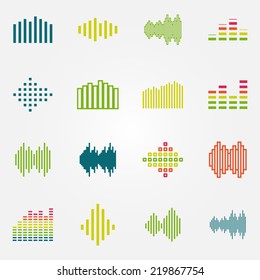 Bright music soundwave or equalizer icons set - vector audio symbols
