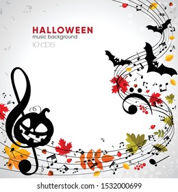 Bright musical autumn halloween background with pumpkin, bats and leaves. Musical Composition at Halloween Party