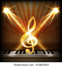 bright musical background with a treble clef and piano keys. You can use any text or image on a black background.