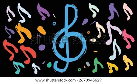 Bright musical composition with a blue treble clef surrounded by colorful notes. Festive and joyful abstract background full of rhythm.