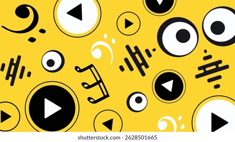Bright musical illustration with interface-style play buttons, clefs, and abstract shapes. Perfect for digital music and modern design.