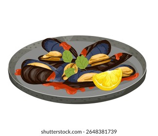 Mexilhões brilhantes em molho de tomate com limão e ervas. Ilustração de alimento vetorial na vista superior. Ótimo para blogs gastronômicos, impressões de cozinha, adesivos, uso editorial e promoção de restaurante