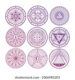 Bright mystery, witchcraft, occult, alchemy, mystical esoteric symbols isolated on white background. Vector magic occult symbols collection illustration