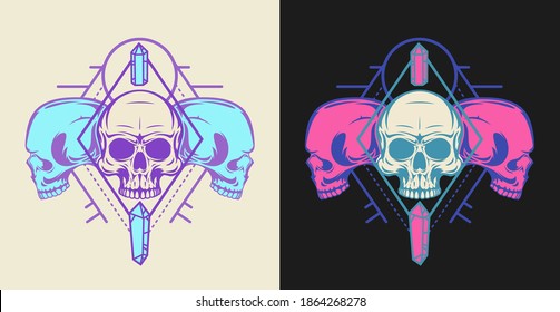 Bright mystic symbol composition with sacred geometry forms and human skull. Vintage art design concept isolated on clear background. Modern color vector illustration for print, tattoo.