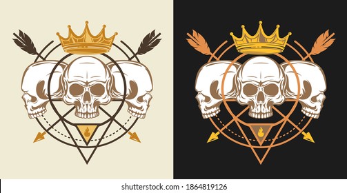 Bright mystic symbol composition with sacred geometry forms and human skull. Vintage art design concept isolated on clear background. Modern color vector illustration for print, tattoo.