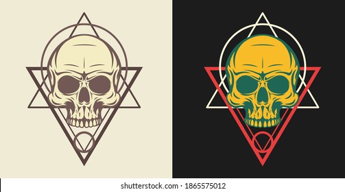 Bright mystic symbol composition with sacred geometry forms and human skull. Vintage art design concept isolated on clear background. Modern color vector illustration for print, tattoo.