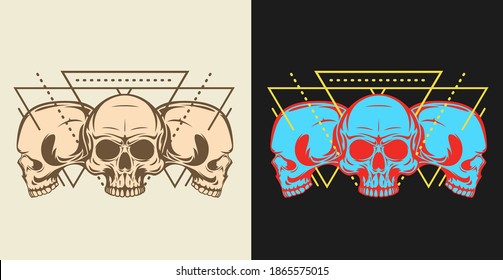 Bright mystic symbol composition with sacred geometry forms and human skull. Vintage art design concept isolated on clear background. Modern color vector illustration for print, tattoo.