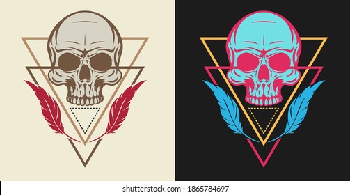 Bright mystic symbol composition with sacred geometry forms and human skull. Vintage art design concept isolated on clear background. Modern color vector illustration for print, tattoo.