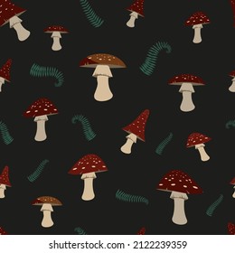  patrón místico brillante con mosca agaric y helecho aislado en un fondo oscuro. Ilustración vectorial del diseño de embalajes, textiles y otros productos