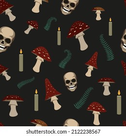  bright mystical pattern fly agarics  skulls  candles   ferns  Mysterious witchy vector design for background  fabric wrapping paper