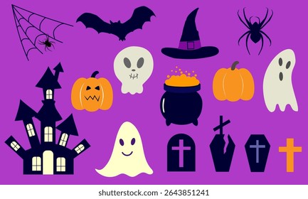 A bright and mystical set of elements for Halloween.Icons for postcards, banners, posters, and stickers.Vector graphics