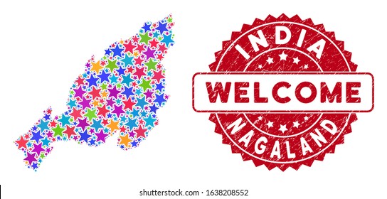 Bright Nagaland State map mosaic of stars, and scratched round red WELCOME seal. Abstract geographic scheme in colorful color hues. Vector Nagaland State map is designed of colorful stars.