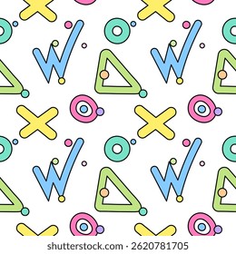 Bright naive cartoon seamless pattern of abstract doodles geometric shapes like triangles, rings, crosses, and confetti on a white background. Perfect for baby or women items, notebook and nursery.
