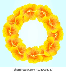 Bright Nasturtium wreath. Wild Yellow flowers. Beautiful Floral circle isolated on blue background. Vector illustration. Card template for greeting, invitation and other design. Decorative round frame