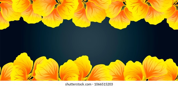 Bright Nasturtium Seamless border. Yellow flowers. Beautiful Horizontal banner. Dark background. Card, invitation, poster, greeting design. Vector illustration. Exotic template.Decorative floral frame