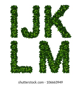 Bright natural alphabet from green leaves. Set. Letters i, j, k, l, m