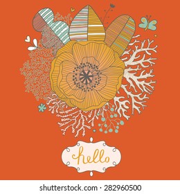 Bright natural card in vector. Floral background made of leafs, corals, poppy flower and butterflies in stylish cartoon style
