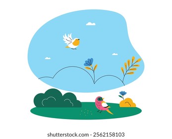 Bright natural scenery with blue sky background with white clouds, there are two birds flying and others walking on green grass, blue flowers and yellow leaves, fresh and calming impression, ecosystem