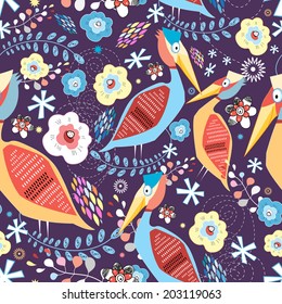 bright natural seamless pattern with birds on a purple background  