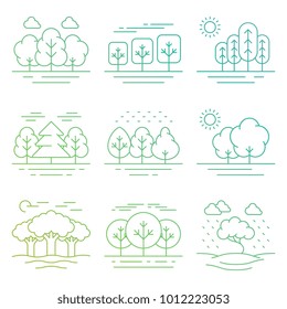 Bright nature forest landscape thin line icons isolated on white. Tree environment linear, outline forest and green park, vector illustration