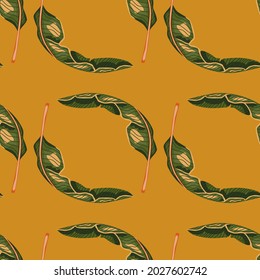 La naturaleza brillante de la jungla sin costuras con formas de hojas tropicales verdes. Fondo naranja. Ilustración vectorial para impresiones textiles estacionales, tela, carteles, telas de fondo y papel pintado.