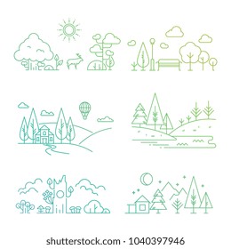 Bright Nature Landscape Outline Icons With Tree, Plants, Mountains, River. Vector Illustration