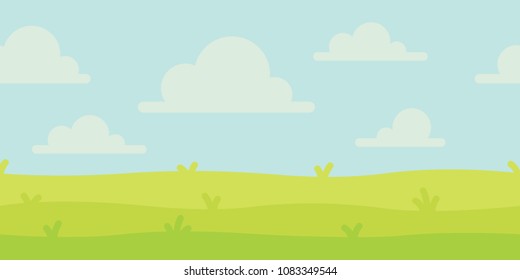 Bright nature landscape with sky, hills and grass. Rural scenery. Field and meadow. Vector illustration in simple minimalistic flat style. Scene for your artwork and design. Horizontal composition.