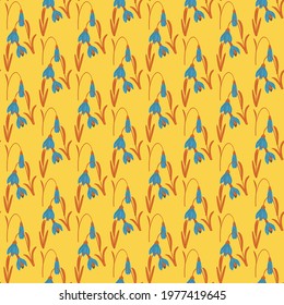 Bright nature seamless pattern with blue campanula shapes print. Yellow background. Floral creative backdrop. Flat vector print for textile, fabric, giftwrap, wallpapers. Endless illustration.