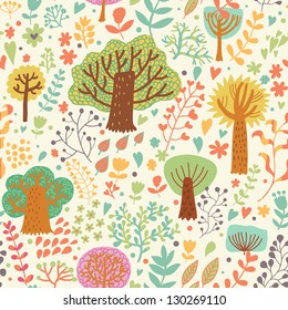 Bright nature seamless pattern in cartoon style. Trees and flowers - romantic spring background in vector