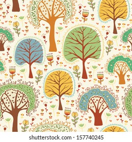 Bright nature seamless pattern in cartoon style. Trees and flowers - romantic spring background in vector