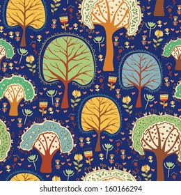 Bright nature seamless pattern in cartoon style. Trees and flowers - romantic spring background in vector
