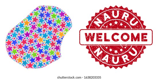 Bright Nauru map composition of stars, and scratched round red WELCOME seal. Abstract territorial plan in bright shades. Vector Nauru map is formed of bright stars. Designed for political,