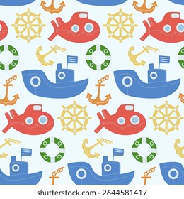 Padrão de vetor náutico brilhante com barcos, submarinos, âncoras e volantes para projetos alegres.