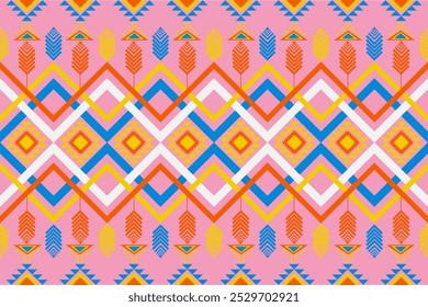 Bright Navajo Geometric Pattern with Pink Background and Bold Triangle and Feather Motifs