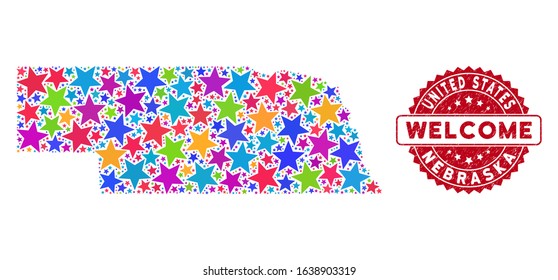 Bright Nebraska State map collage of stars, and textured rounded red WELCOME stamp. Abstract territory plan in bright color tints. Vector Nebraska State map is organized of bright stars.