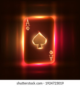 Bright neon ace of spades for casino and poker