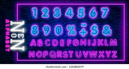 Bright Neon Alphabet Letters, Numbers and Symbols Sign in Vector. Night Show. Night Club. Neon illustration