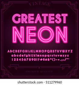 Bright Neon Alphabet Letters, Numbers and Symbols Sign in Vector. Night Show.