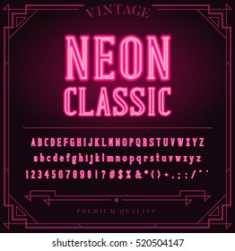 Bright Neon Alphabet Letters, Numbers and Symbols Sign in Vector. Night Show.