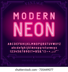 Bright Neon Alphabet Letters, Numbers and Symbols Sign in Vector. Night Show. Night Club.