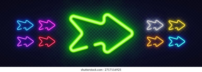 A bright neon arrow with an expressive shape glowing in green at the center, surrounded by smaller colorful icons. The composition highlights direction and works well for dynamic navigation design