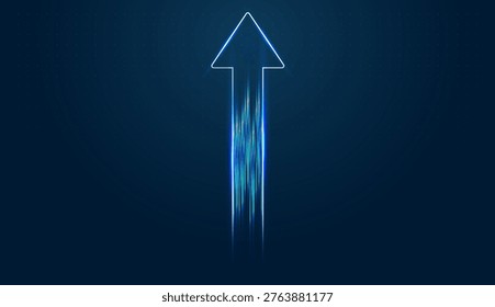 A bright neon arrow points straight up, symbolizing the rapid Growth of modern technology. with Digital visualization uses glowing arrows to represent a breakthrough in global Finance