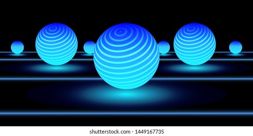 Bright neon background. 3D template with a blue glowing ball and lines 
