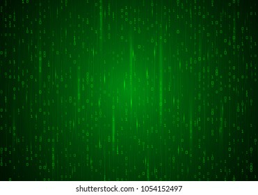 Bright neon background with a matrix. The numbers 1 and 0 fall on the green backdrop. Vector abstract digital illustration in a futuristic style
