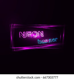 Bright neon banner in the form of a trapezoid. Glow effects, template for text. Abstract background. Vector illustration.